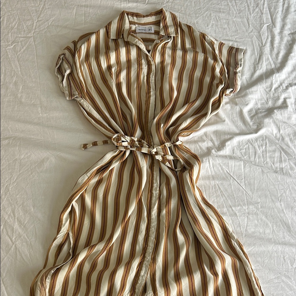Faithfull the Brand Cream and Brown Striped Midi Dress